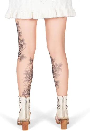 Vista 3 de Wild Rose Leggings de malla de tatuaje de rosas grises para mujer, color gris y negro, bronceado