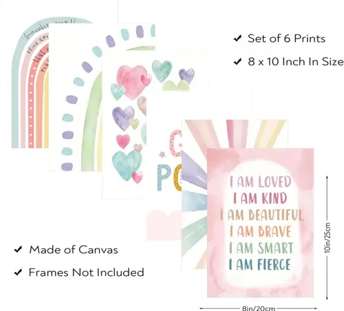 Vista 5 de 6 piezas de arte de pared rosa con diseño de arcoíris boho, patrón de corazón colorido, póster impreso, imágenes en lienzo para poder de niña