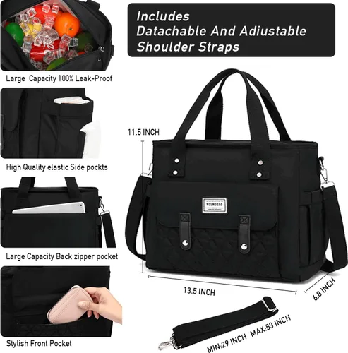 Vista 4 de Bolsa de almuerzo aislada para mujer, negro, nailon, 13.5 x 6.8 x 11.5 pulgadas Lunch Box Containers Compartment Women Adult Work Picnic College