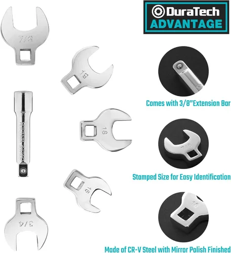 Vista 2 de DURATECH 3/8" Drive Crowfoot Wrench Set with 2 Extension Bars, SAE & Metric, 19-Piece, 10-22mm & 3/8"-7/8", CR-V Steel, with EVA Foam Tool Organizer
