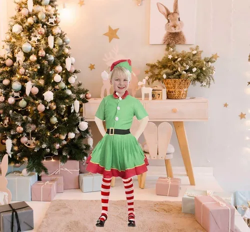 Vista 2 de MAKEATREE Disfraz de elfo de Navidad, disfraz de elfo navideño, ropa de Papá Noel de elfo verde (talla de mujer 43.3 in)
