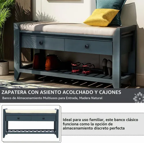 Vista 5 de Harper & Bright Designs TREXM Zapatero con asiento acolchado y cajones, banco de almacenamiento multiusos para entrada (azul marino)