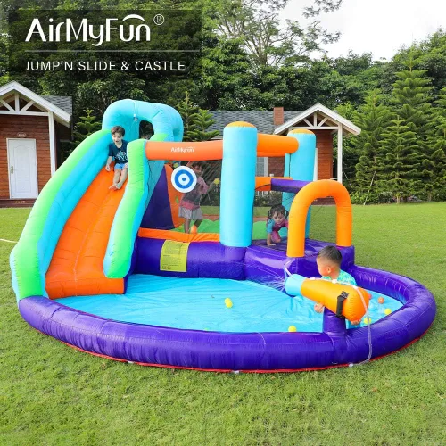 Vista 8 de Doctor Dolphin - Casa inflable de rebote con tobogán acuático, casa inflable para niños grandes, tobogán acuático para patio trasero, parque