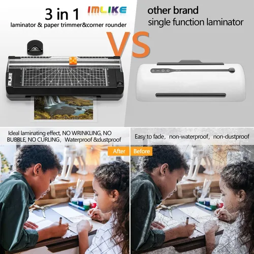 Vista 3 de IMLIKE Laminador térmico A4 con bolsas de laminación, máquina de laminación fotográfica de 9 pulgadas, recortadora de papel integrada, laminadora