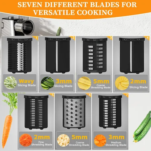 Vista 3 de Rallador de queso eléctrico 7 en 1, rallador de queso de 300 W para queso de bloque con 14 cuchillas, pelador y cepillo en Y, triturador automático