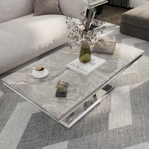 Vista 5 de ACEDÉCOR Mesa auxiliar, mesa de centro plateada con cuatro bases geométricas de espejo, mesa auxiliar rectangular con marco de metal resistente