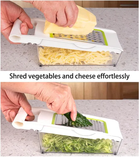 Vista 7 de NACOLUS Rallador de queso con contenedor, cortador de verduras 5 en 1, ralladores multiusos para cocina, rallador de caja fácil de limpiar