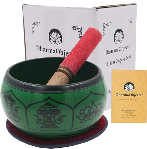 Vista 5 de DharmaObjects Yoga Meditación 6 Pulgadas 8 Símbolos de la Suerte Símbolos Cantando Tazón/Cojín/Cuero Mazo Set de Regalo (Negro)
