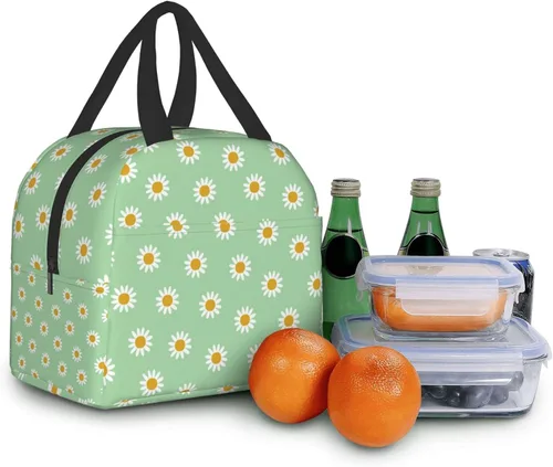 Vista 6 de Lonchera térmica verde con margaritas para adultos, niños, niñas, mujeres, trabajo, oficina, escuela, picnic, playa, lonchera reutilizable