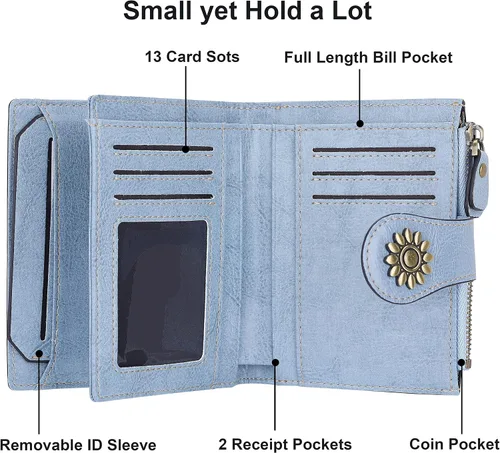 Vista 4 de Lavemi Cartera de piel para mujer, pequeña, compacta, con bloqueo RFID, para tarjetas de crédito, con bolsillo con cremallera
