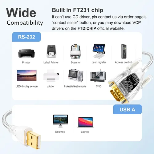 Vista 6 de DTECH Adaptador USB a serie Características FTDI Chip DB9 9 Pin RS232 a USB Cable FT231 Chipset Compatible con Windows 11 10 8 7 XP Mac OS Linux