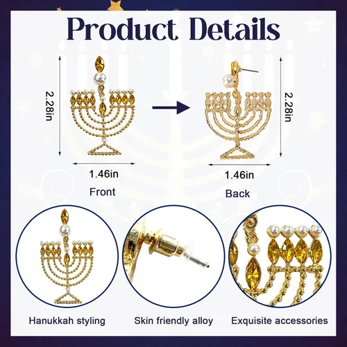 Vista 2 de ABTOLS Hanukkah Menorah Dreidel Earrings for Women Rhinestone Jewish Christmas Drop Dangle Earrings for Girls