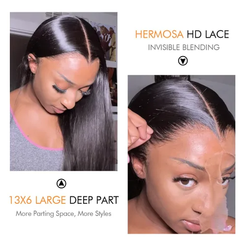 Vista 3 de Hermosa - Pelucas de cabello humano con encaje frontal HD de 13 x 4 pulgadas, prearrancadas con cabello de bebé, densidad 180, transparente, 9A