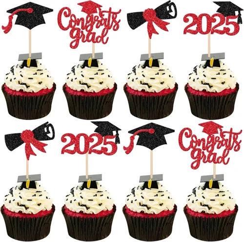 Vista 35 de 24 piezas 2026 temáticas de graduación 2026 decoraciones para cupcakes con purpurina clase de 2026 Diploma Congrats 2026 Tapa de graduación