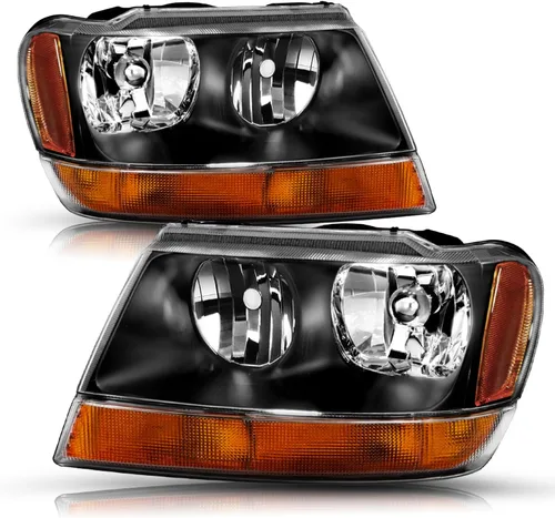 Vista 8 de SOCKIR Conjunto de faros delanteros compatible con Jeep Grand Cherokee 1999-2004 halógeno (carcasa negra, parte inferior ámbar, con bombillas)