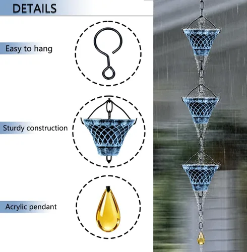 Vista 3 de Cadenas de lluvia para canaletas exteriores, cadena de canal de metal de 2026-Azul