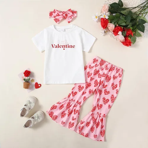 Vista 2 de Tinypainter Conjunto de ropa de verano para niña pequeña con texto en inglés "Love" Heart Bell Buttoms + diadema para el día de San Valentín