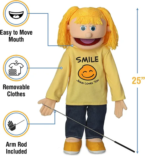 Vista 2 de 25" Smile Jesus Loves You, Peach Girl, cuerpo completo, marioneta de ministerio cristiano