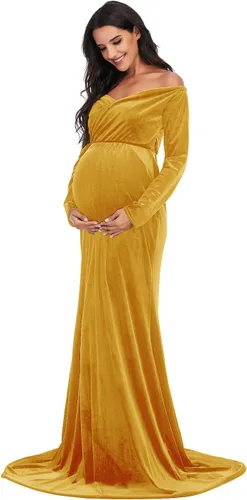 Vista 3 de ZIUMUDY Vestido de maternidad de terciopelo con hombros descubiertos, vestido de fotografía de manga larga para sesión de fotos, vestido de baby