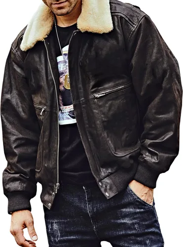 Vista 7 de FLAVOR Chaqueta bomber de cuero real para hombre con cuello de piel extraíble Aviator