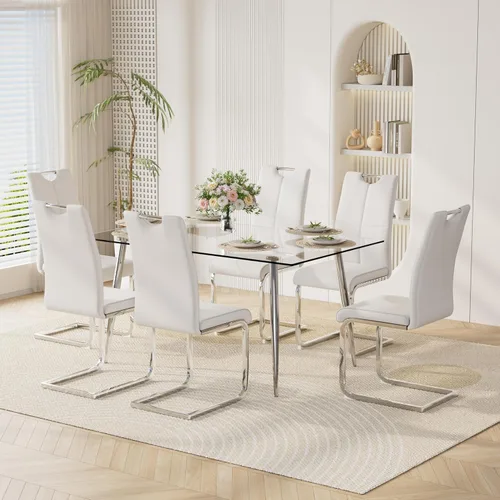 Vista 28 de Juego de mesa de comedor moderno de 51 pulgadas para 4 mesas rectangulares de cristal con 4 sillas tapizadas de cuero, asientos 4 ideales para Beige