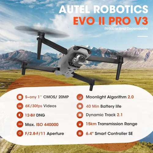 Vista 2 de Autel Robotics EVO 2 Pro V3: 2025 Son-y 1" CMOS y video HDR 6K, algoritmo de luz de luna 2.0, ISO máximo 44000, DNG de 12 bits, controlador