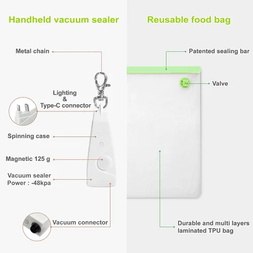 Vista 4 de Bolsas reutilizables de sellado al vacío, paquete de 6 – Bolsas de vacío y congelador sin BPA con sellador al vacío de mano más pequeño del mundo