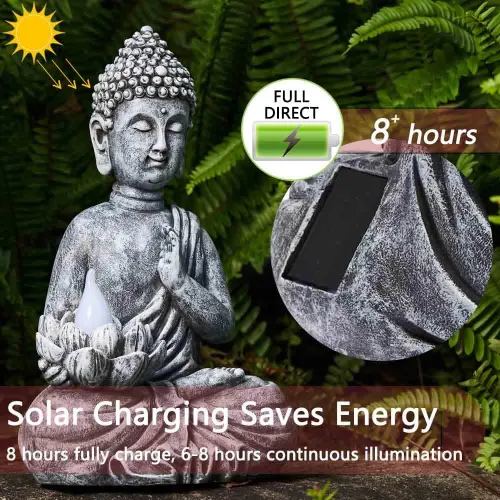 Vista 6 de Estatua Solar de Buda - Escultura Zen para Exteriores con Luz LED de Loto Parpadeante - Regalo de Decoración de Jardín Impermeable - 11.81 Pulgadas