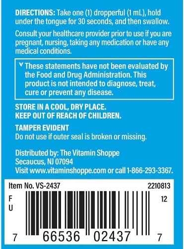 Vista 3 de The Vitamin Shoppe Liquid B12 Metilcobalamina 1000 MCG - Producción de energía Gotas de sabor a frambuesa 2 oz Absorción rápida