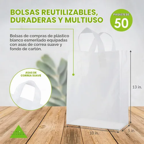 Vista 4 de Prime Line Packaging Bolsas de regalo esmeriladas con asas, 10 x 5 x 13 Blanco