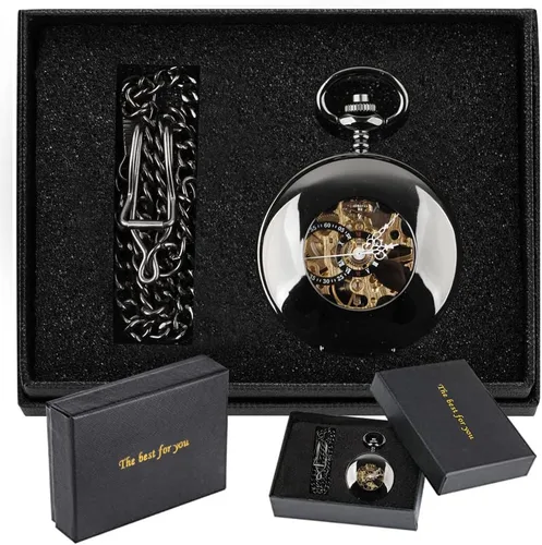 Vista 2 de Alwesam Reloj de bolsillo mecánico mano viento números romanos hombres steampunk con caja de cadena