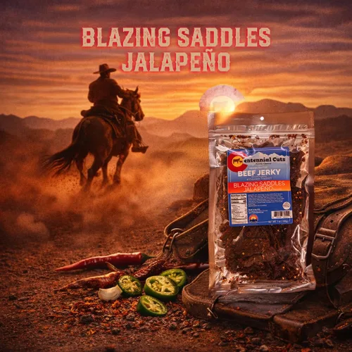 Vista 7 de Centennial Cuts Carne seca – Blazing Saddles Jalapeño – Alto en proteínas, sabor a jalapeño audaz – Snack de 3 oz