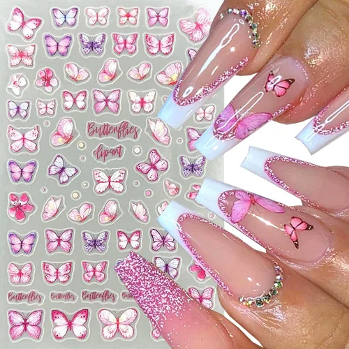 Vista 4 de 5 hojas de calcomanías de arte de uñas de mariposa, 3D coloridas mariposas, suministros de arte de uñas, mariposas, flores, calcomanías Con