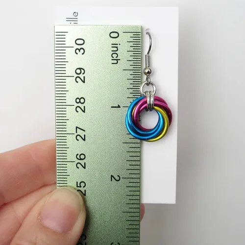 Vista 2 de Pansexual pride earrings, handmade chainmail love knot jewelry; pink, yellow, blue
