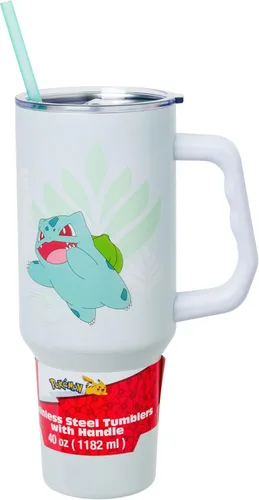 Vista 17 de Silver Buffalo Adventure Time With BMO - Vaso de acero inoxidable de doble pared con asa y pajilla, cabe en portavasos estándar, 40 onzas