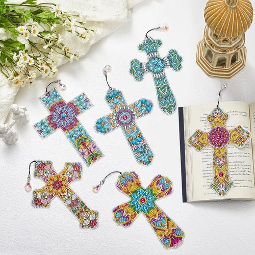 Vista 7 de Ireer 6 marcapáginas de arte de diamantes 5D cruzados para adultos, kit de pintura de bricolaje, regalos de Navidad, cristianos religiosos, llavero