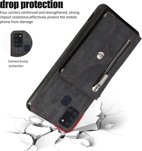 Vista 7 de Funda para teléfono Samsung Galaxy A21S con protector de pantalla de vidrio templado y correa cruzada para la muñeca, cordón para el hombro, soporte