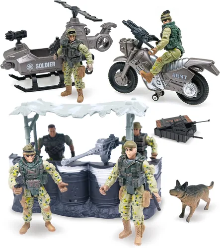 Vista 4 de MISTBUY Figuras de acción de hombres del ejército estadounidense con juego de juguetes de vehículos militares, soldados de juguete con camiones