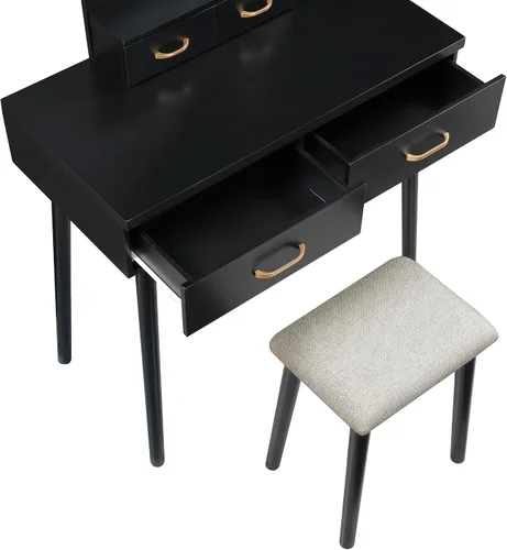 Vista 15 de Lexicon Tocador moderno con espejo, luces LED, 3 modos de iluminación, pequeño juego de tocador de maquillaje con 4 cajones y taburete acolchado