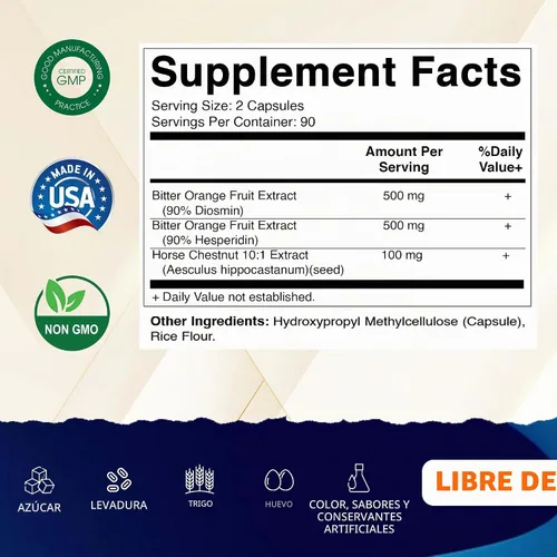 Vista 2 de Vitamatic Diosmin Hesperidin 1000mg con extracto de castaño de indias 100 mg - 180 cápsulas - Complejo de bioflavonoides cítricos - Sin OMG