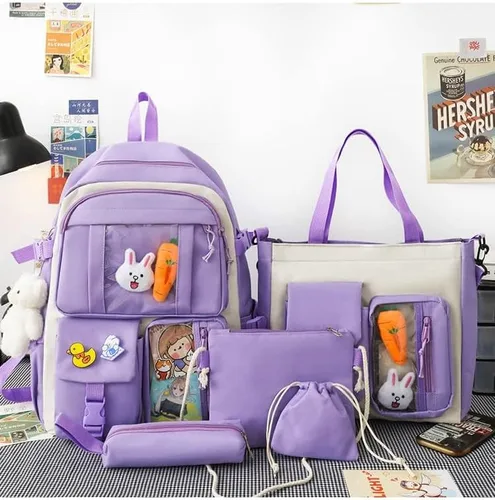 Vista 3 de Mochila Kawaii con colgantes y alfileres Kawaii, juego de 5 piezas para adolescentes y niñas, mochila escolar linda mochila estética, B1