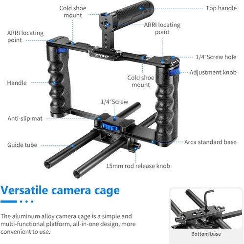 Vista 2 de NEEWER Jaula de cámara de aleación de aluminio, plataforma de cine con mango superior, empuñaduras dobles y base tipo arca, compatible con cámaras