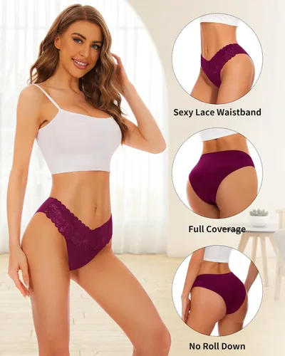 Vista 2 de Sunm Boutique Ropa interior sin costuras para mujer, calzones de encaje, ropa interior de bikini sexy linda, hipster, elástica, corte alto