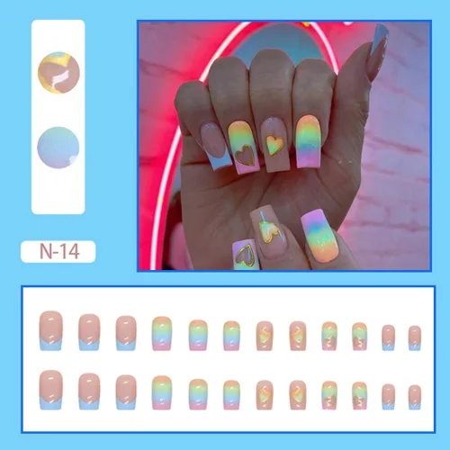 Vista 2 de Gangel Uñas postizas a presión con punta francesa de corazón, uñas postizas cuadradas brillantes coloridas con pegamento para uñas, uñas postizas