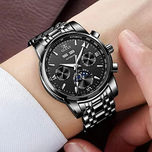 Vista 5 de OLEVS Reloj de pulsera para hombre, diseño de esqueleto, automático, de lujo, con cara grande, multicalendario, de acero inoxidable, impermeable
