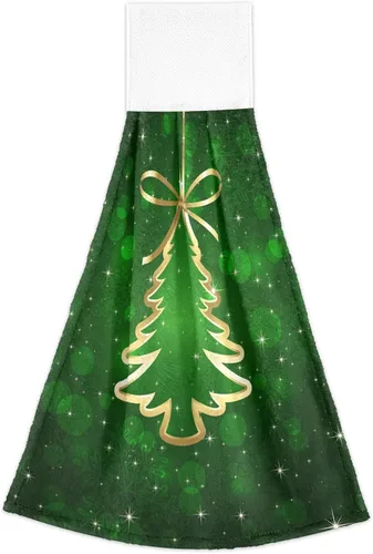 Vista 2 de Fondo verde con árbol de Navidad, toallas de cocina colgantes, 2 piezas, toallas de baño de mano, toallas de cocina, toalla de corbata, paños de té