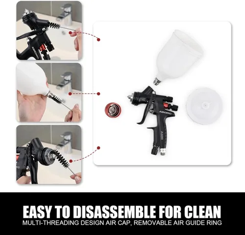 Vista 6 de AEROPRO Tools A608 HVLP - Kit de pistola pulverizadora de aire, boquilla de 1.3mm, regulador, 5 coladores de pintura, taza de 600cc, pistola