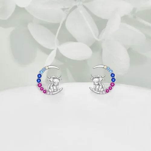 Vista 2 de YFN Aretes de tuerca de plata de ley con diseño de luna y animales lindos para mujeres y niñas