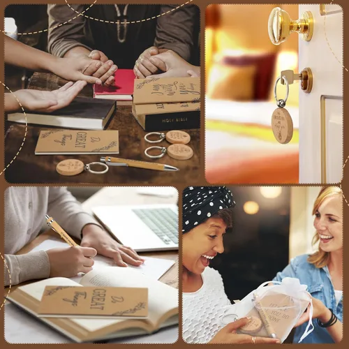Vista 6 de Yeaqee Christian Gifts - Bolígrafo retráctil de bambú, versículo de la Biblia, cuaderno inspirador, llavero de bolsas de organza para mujeres