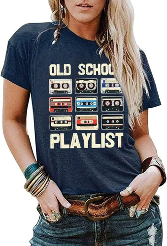 Vista 2 de Camiseta retro de los años 80 para mujer, cinta de casete, música de la vieja escuela, camiseta gráfica vintage, camisetas casuales sueltas